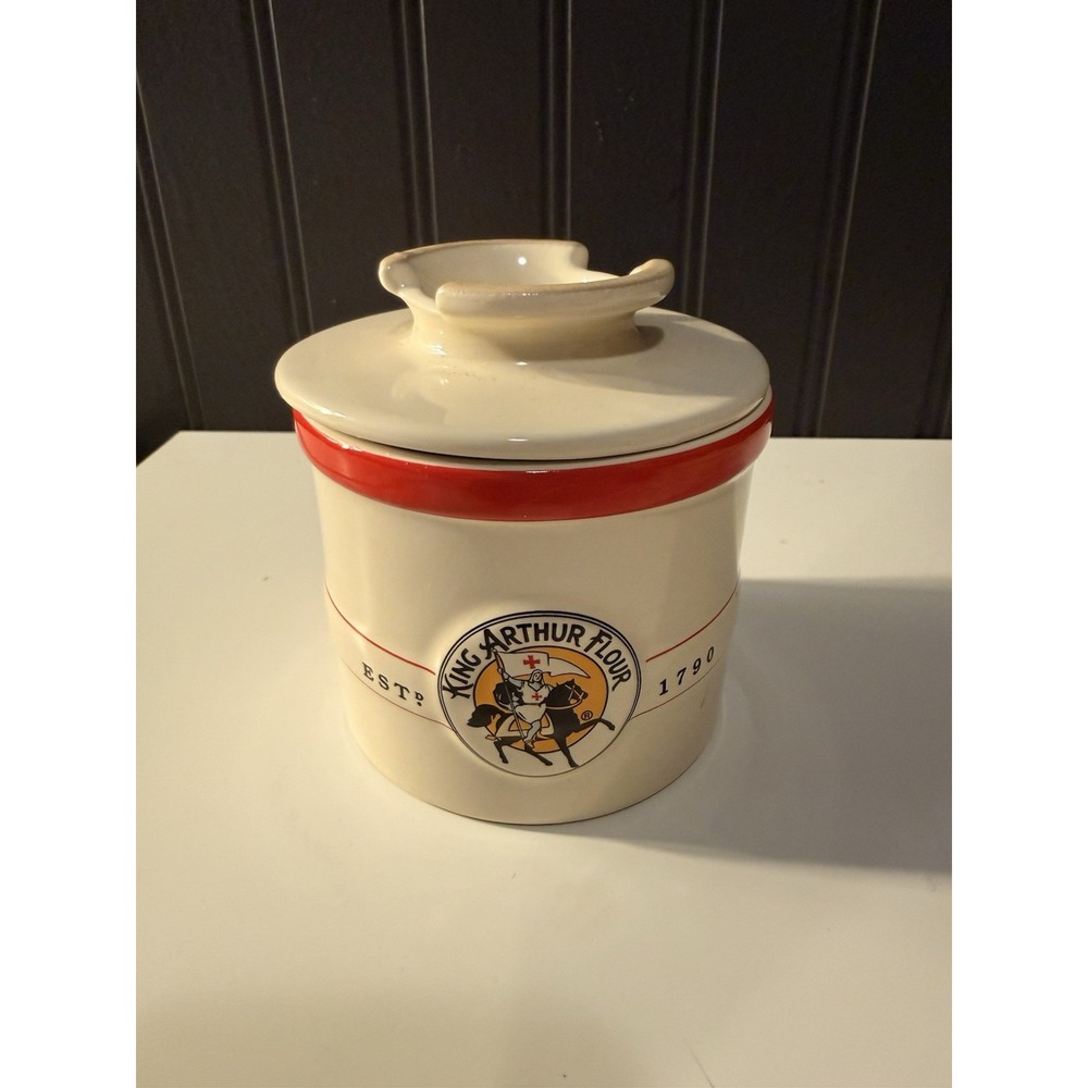 King Arthur Flour Butter Bell Crock Keeper Ceramic Canister Red Stripe Holds 4oz
